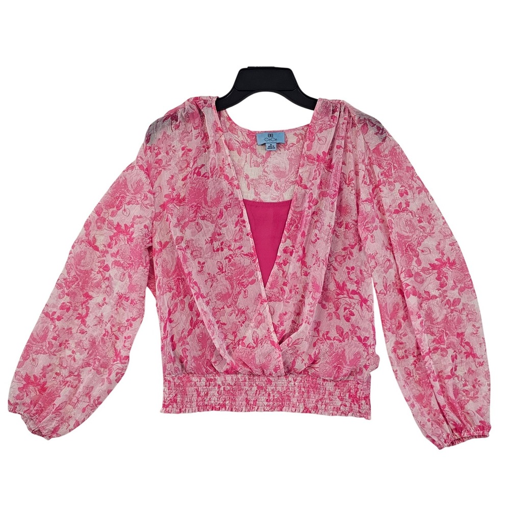 CeCe Pink Floral Surplice V-Neck‎ Smocked Waist Blouse Metallic Stripe Medium